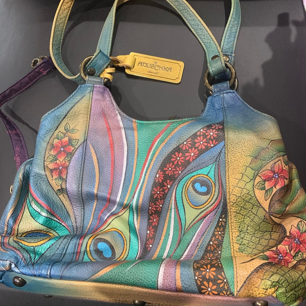Anuschka Blue and Green Artistic Shoulder Bag